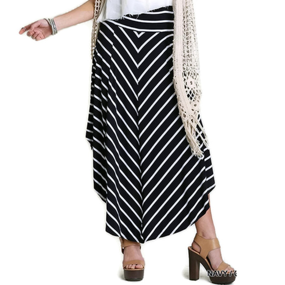 Umgee Bohemian Navy Striped Midi Skirt - Picture 1 of 3